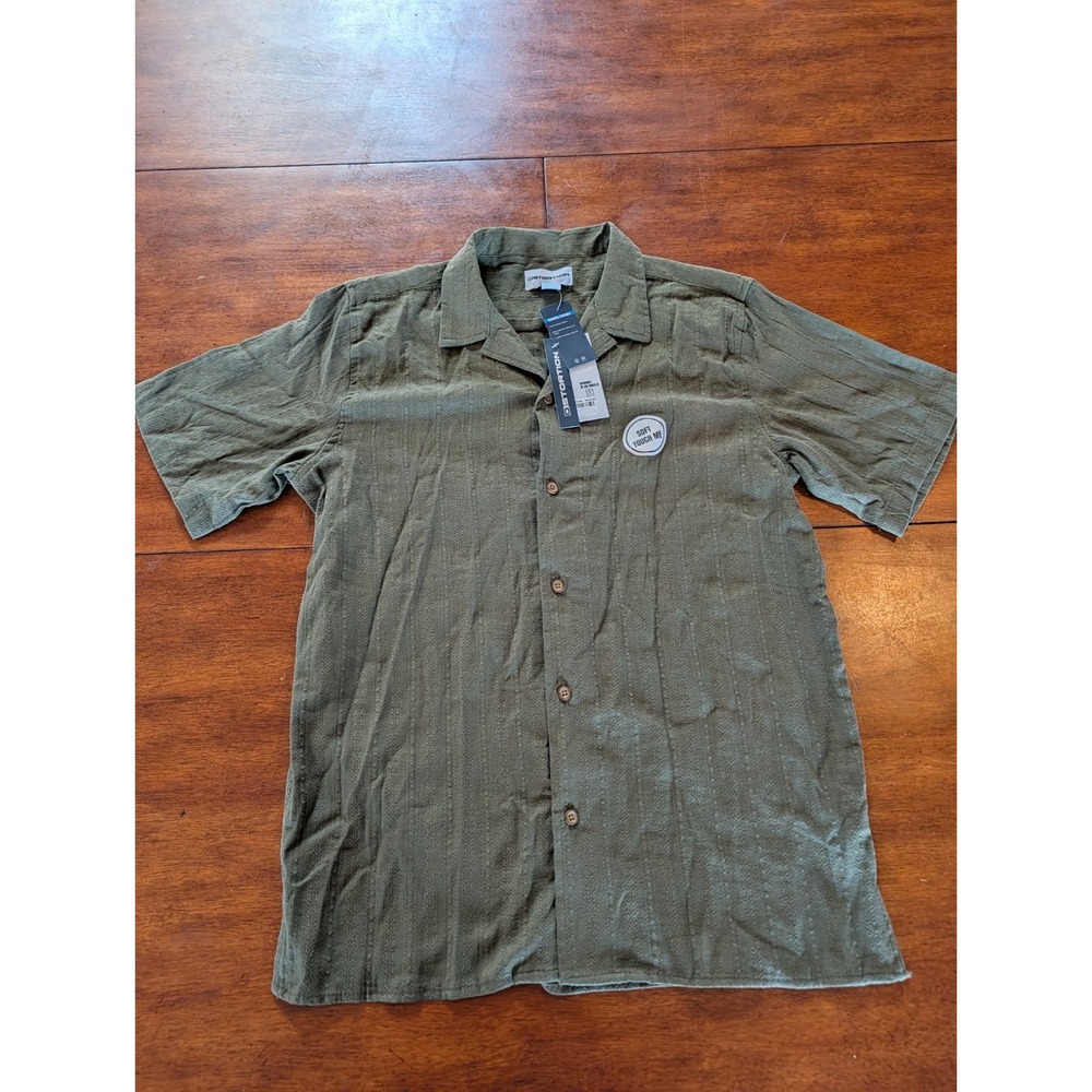 Distortion Boys L 14-16 Green 100% Cotton Button Front Short Sleeve Camp Shirt